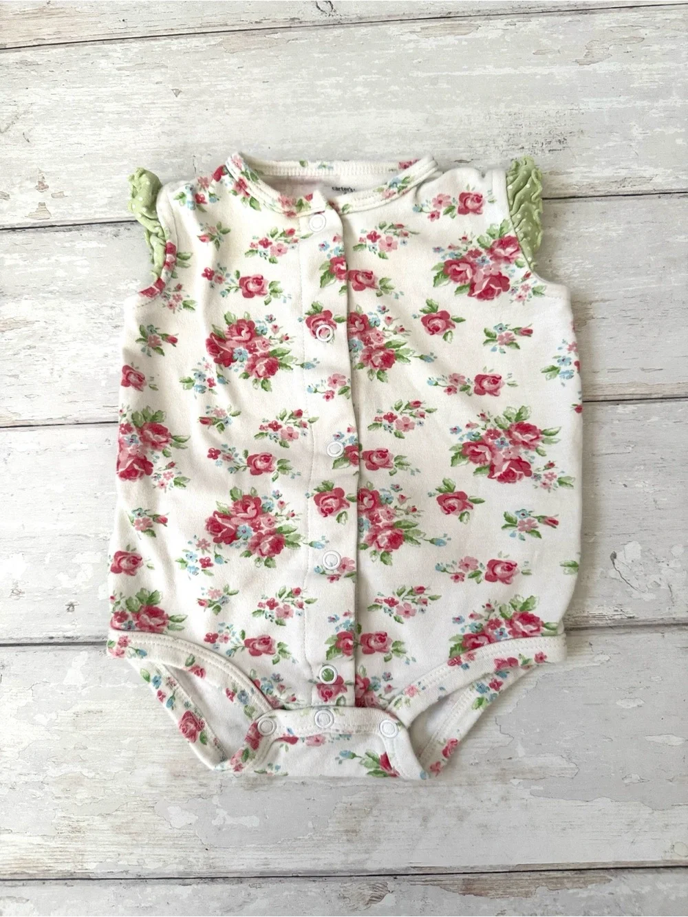 Carters 6m Baby Girl Floral Summer Romper One Piece Outfit Green Pink Ruffles